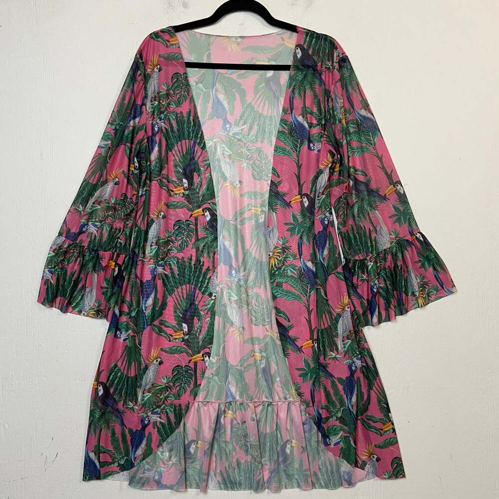 Pink Bird Swimsuit Cover Up Beach Cruise Open Front Bell Sleeves Size Small